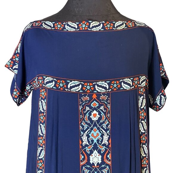 Max Studio Boho Shift Dress Size M Navy Blue Bohemian Floral Detail Boat Neck - Picture 4 of 8